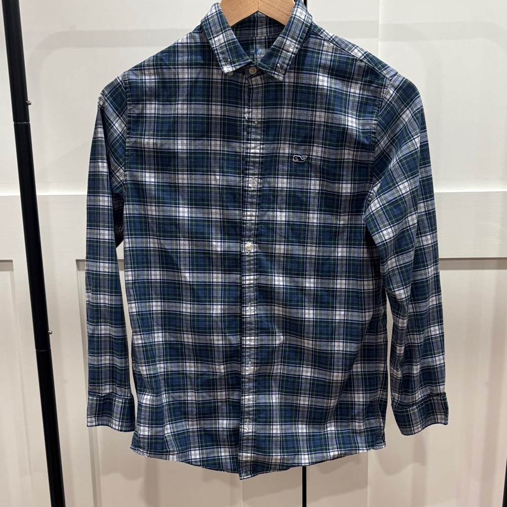 Boys Vineyard Vines Blue and Green Performance Plaid Button-Down Shirt